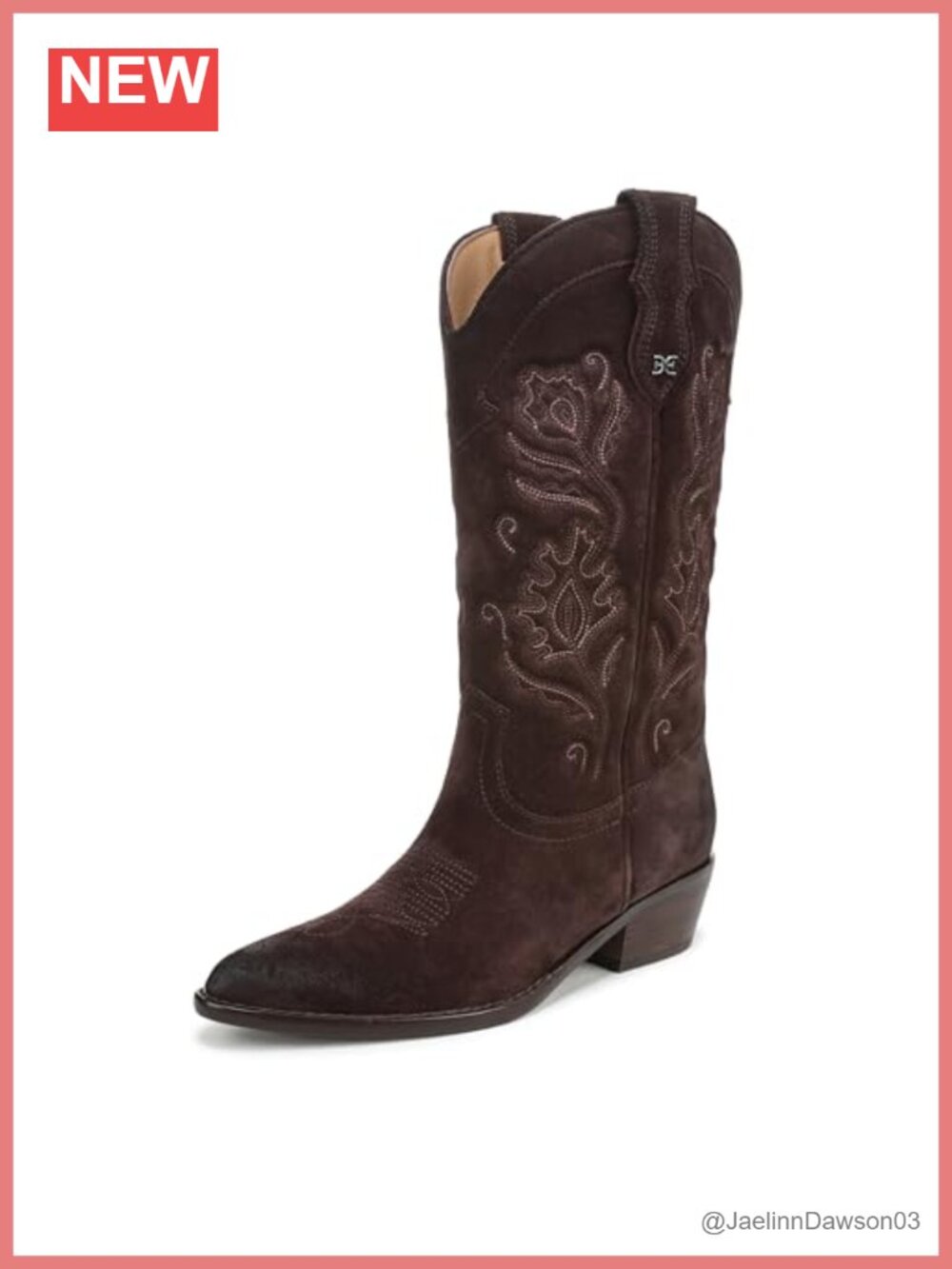 Pointed Toe Mid-Calf Western Bootie with Tonal Embroidery, Pull-On Cuban Heel,